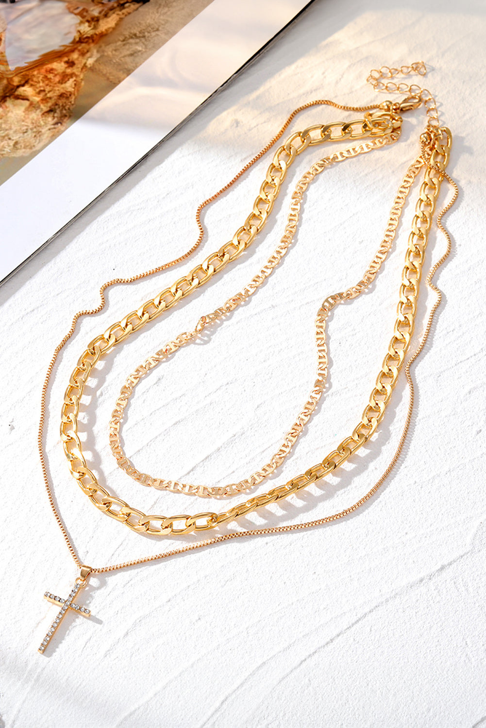 Gold Plated Cross Pendant Multi Layer Stacked Chain Necklace