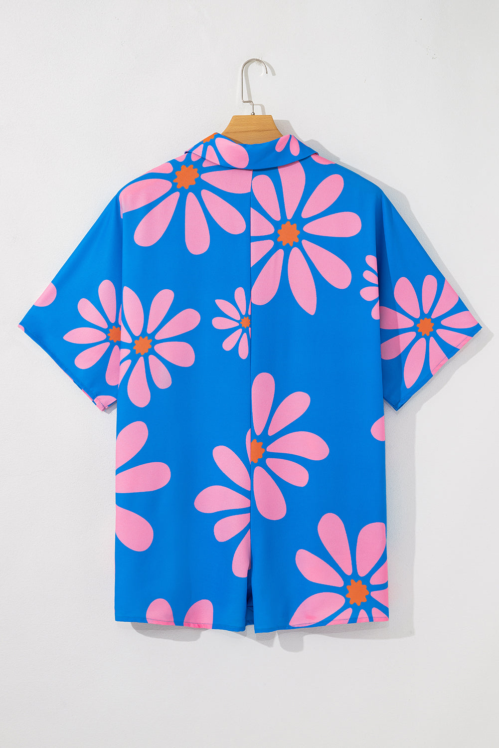 Blue Summer Flower Print Shirt Collar Loose Romper