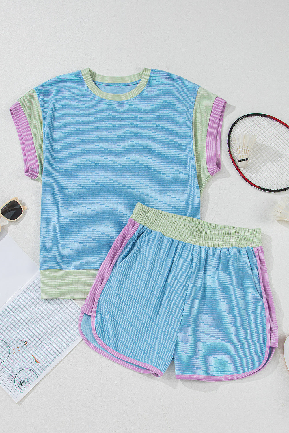 Beau Blue Colorblock Cap Sleeve Top and Shorts Set