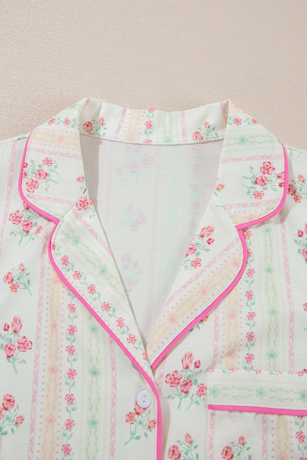 Beige Floral Print Ruffle Hem Shorts Pajama Set
