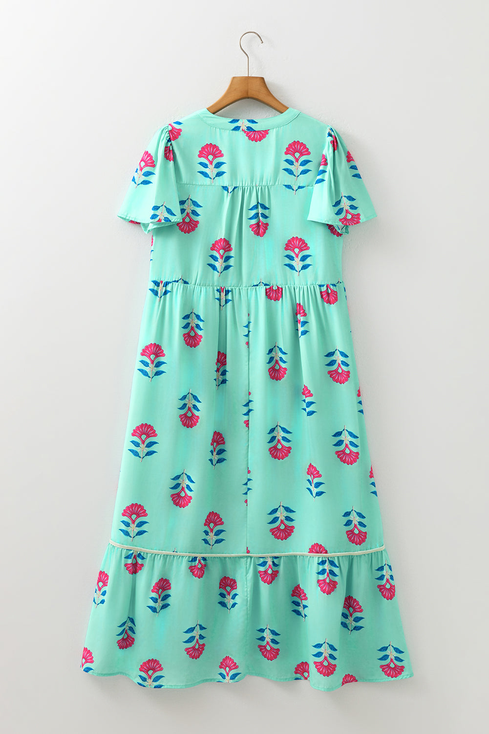 Green Floral Print Notched Neck Flounce Sleeve Midi Dress