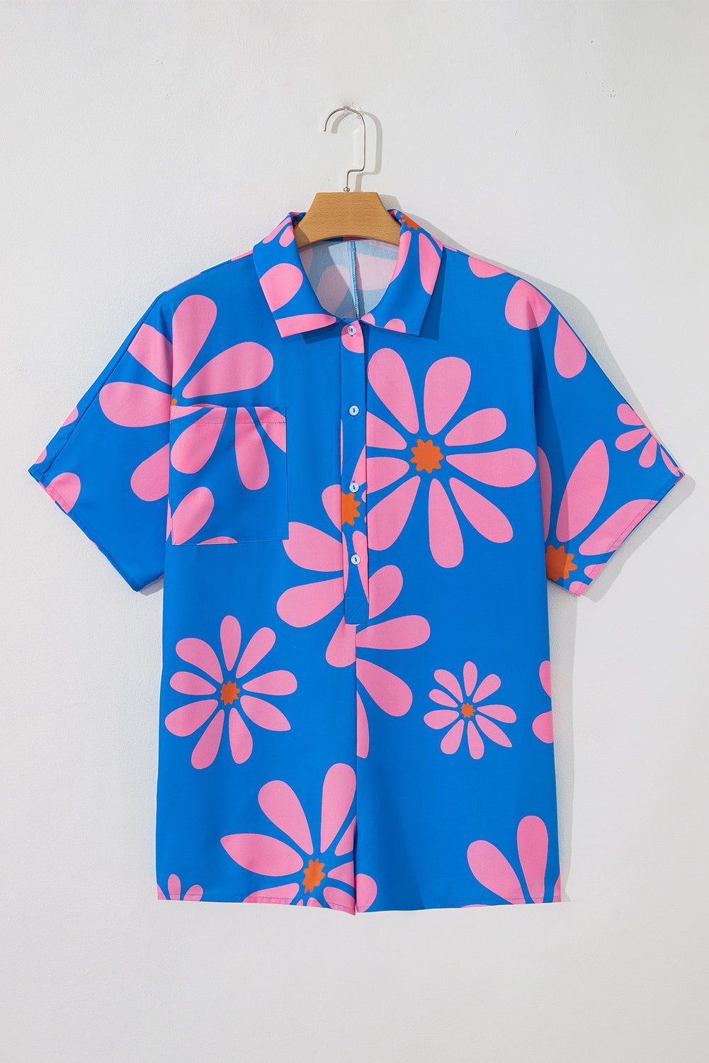 Blue Summer Flower Print Shirt Collar Loose Romper