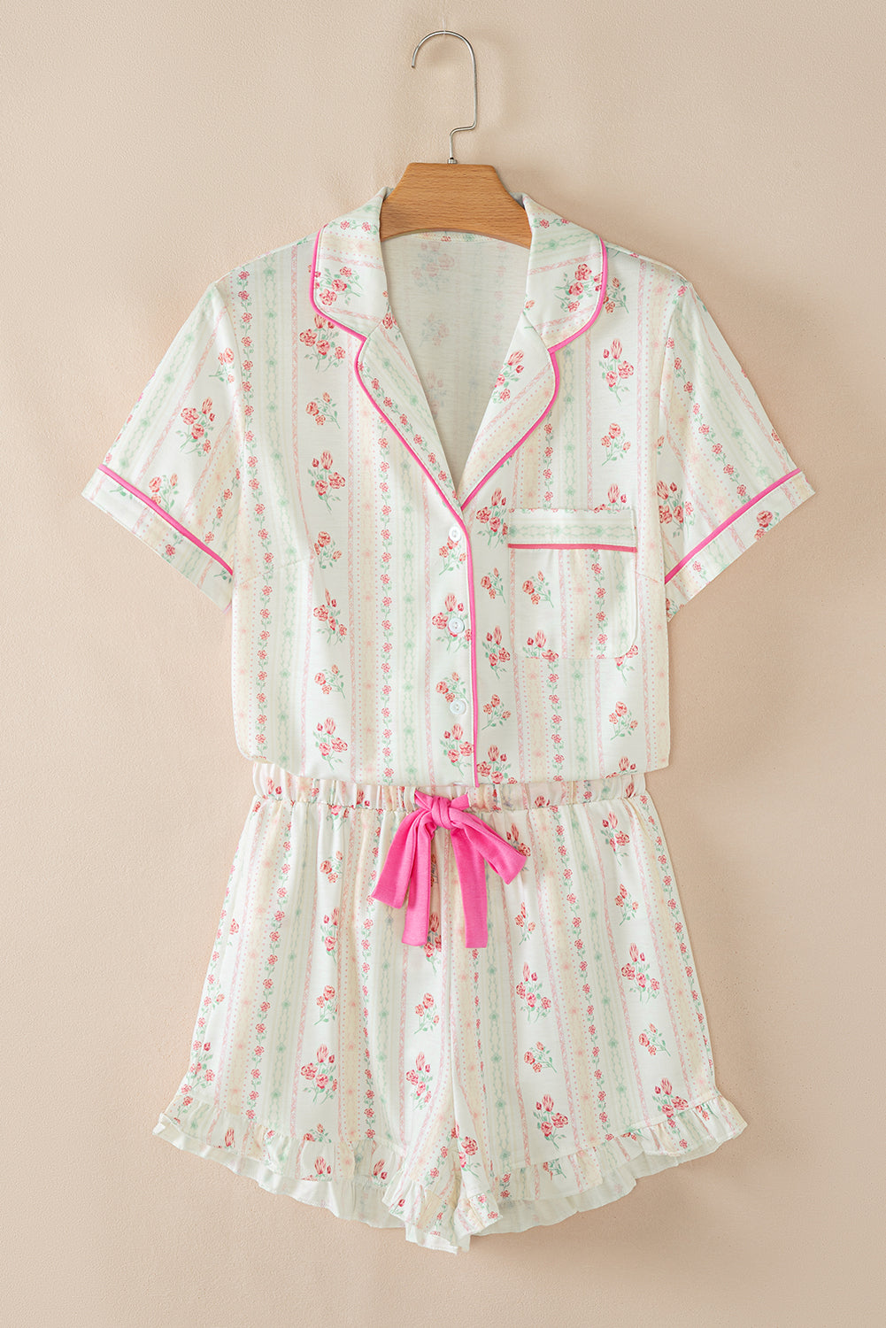 Beige Floral Print Ruffle Hem Shorts Pajama Set