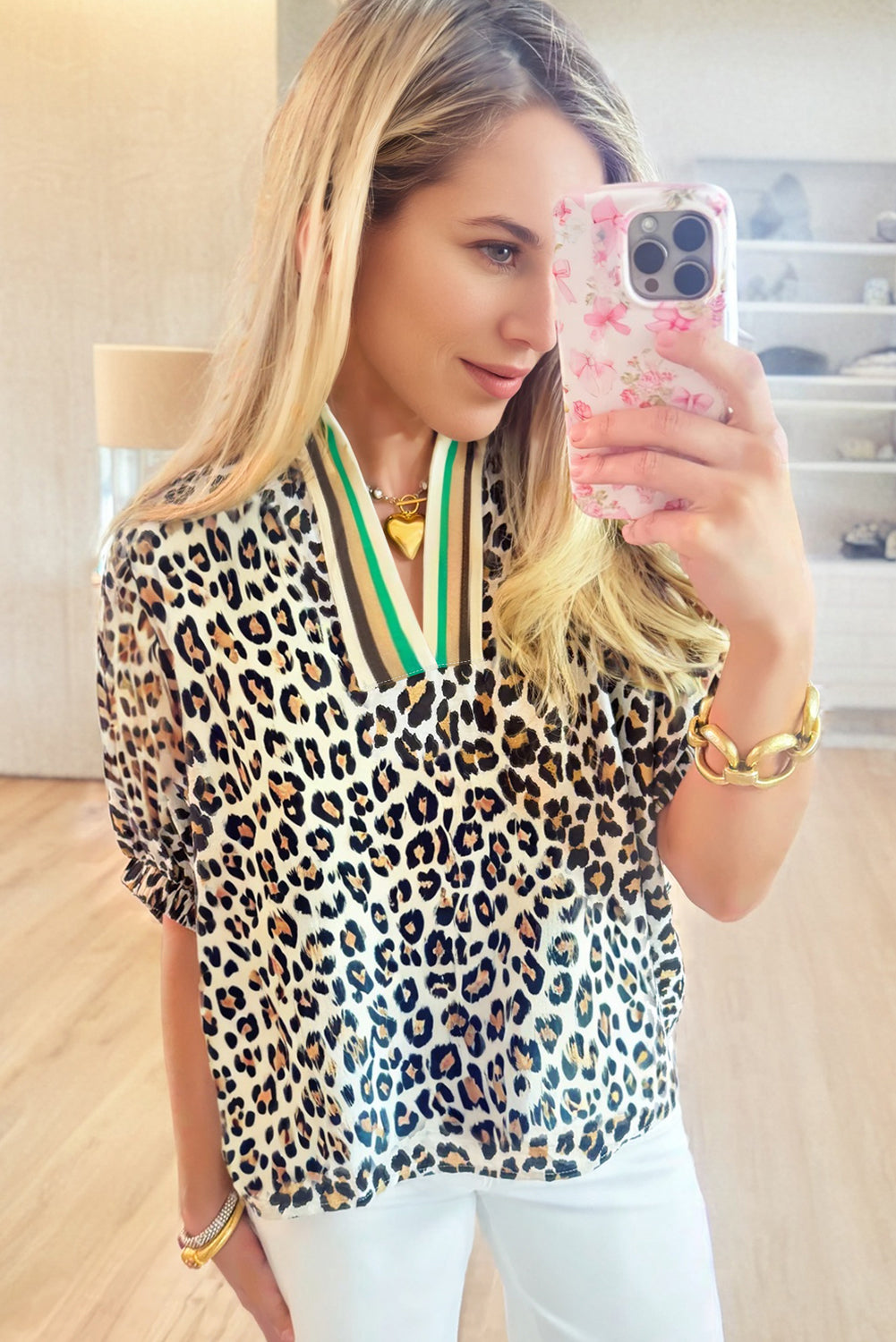 Khaki Pop of Color Neckline Loose Fit Leopard Print Blouse