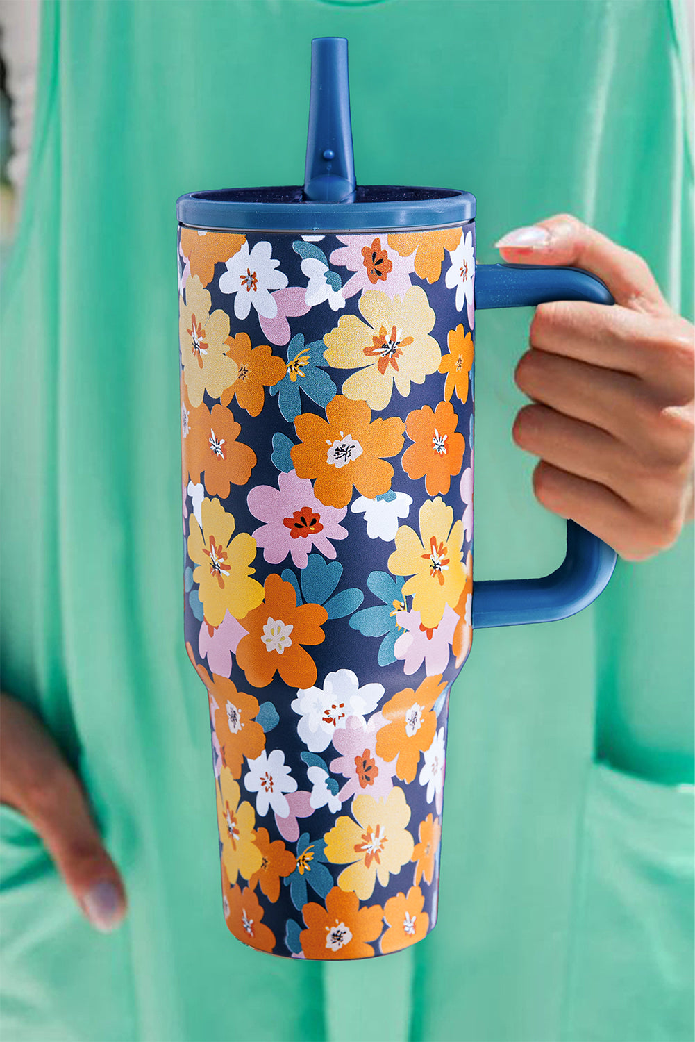 Sky Blue Floral Print Tumbler Cup with Straw