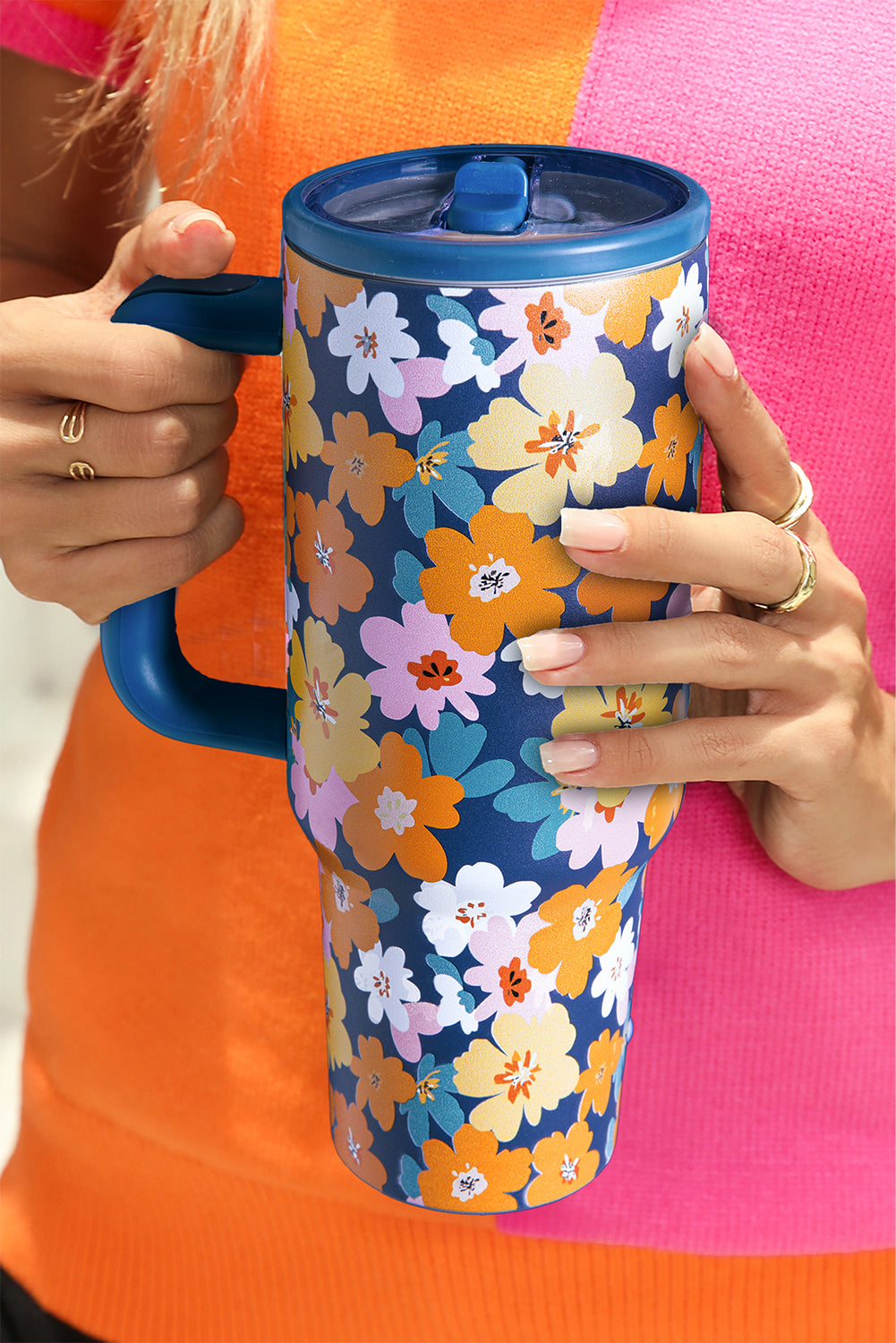 Sky Blue Floral Print Tumbler Cup with Straw