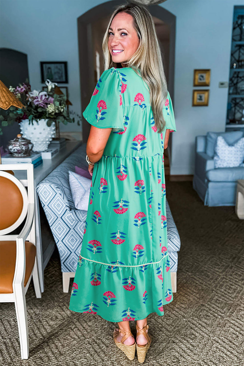 Green Floral Print Notched Neck Flounce Sleeve Midi Dress