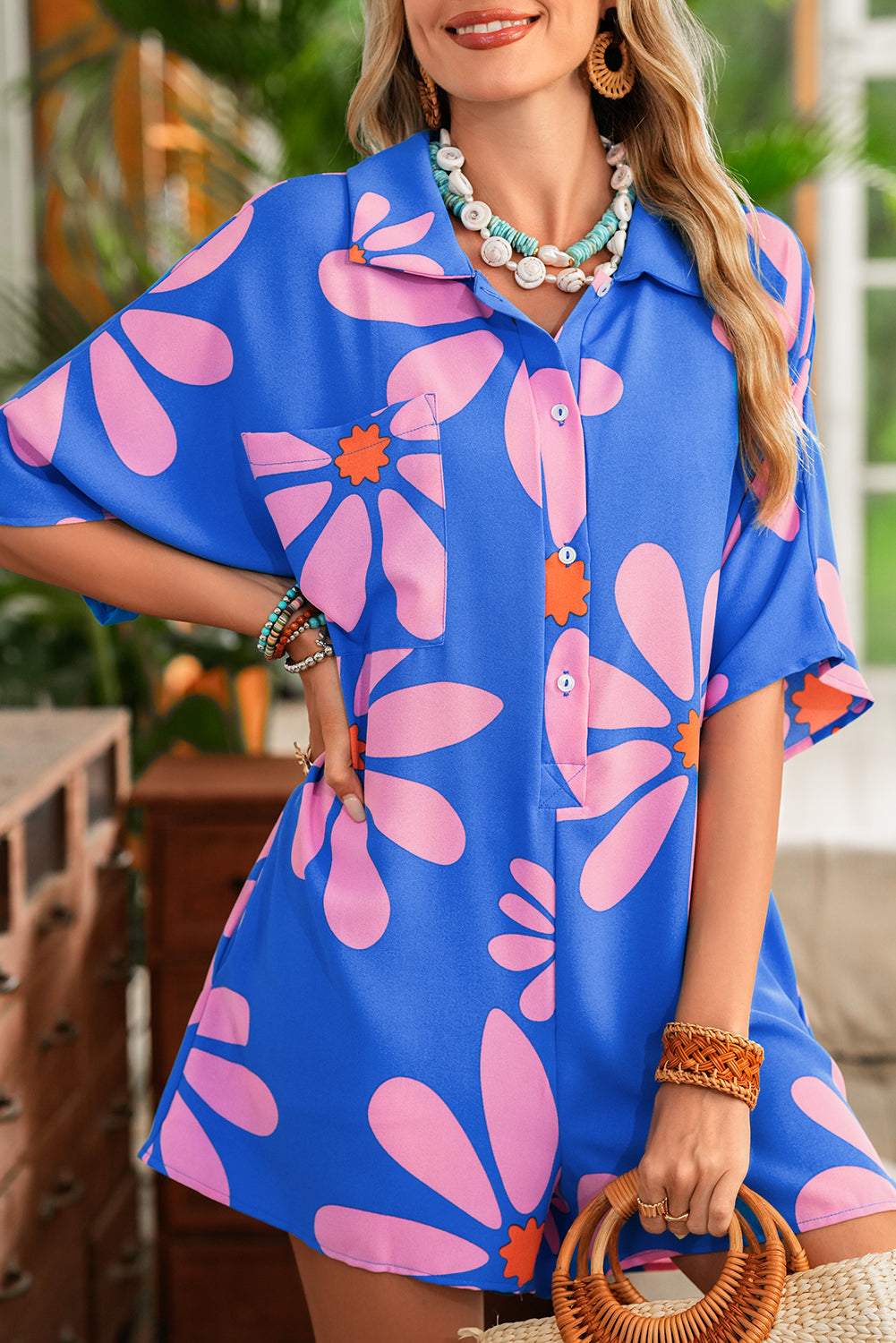Blue Summer Flower Print Shirt Collar Loose Romper
