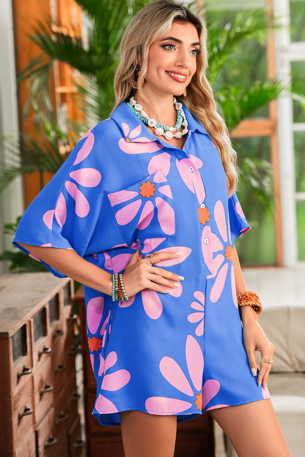 Blue Summer Flower Print Shirt Collar Loose Romper