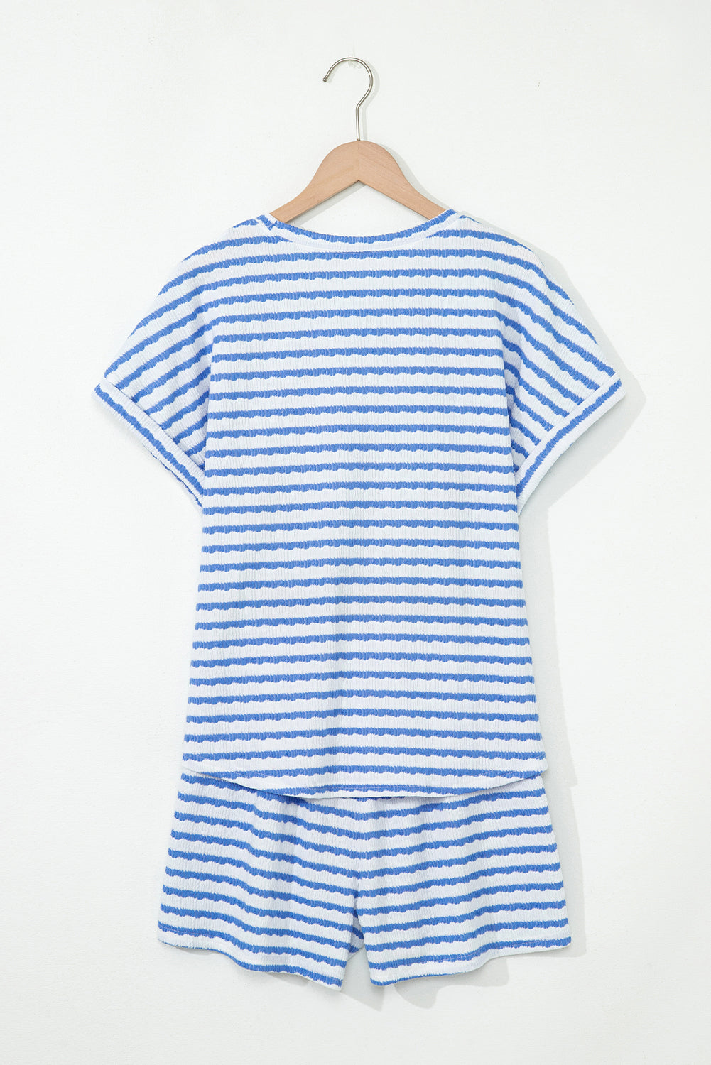 Sky Blue Striped Print Short Sleeve Top and Pocket Shorts Set