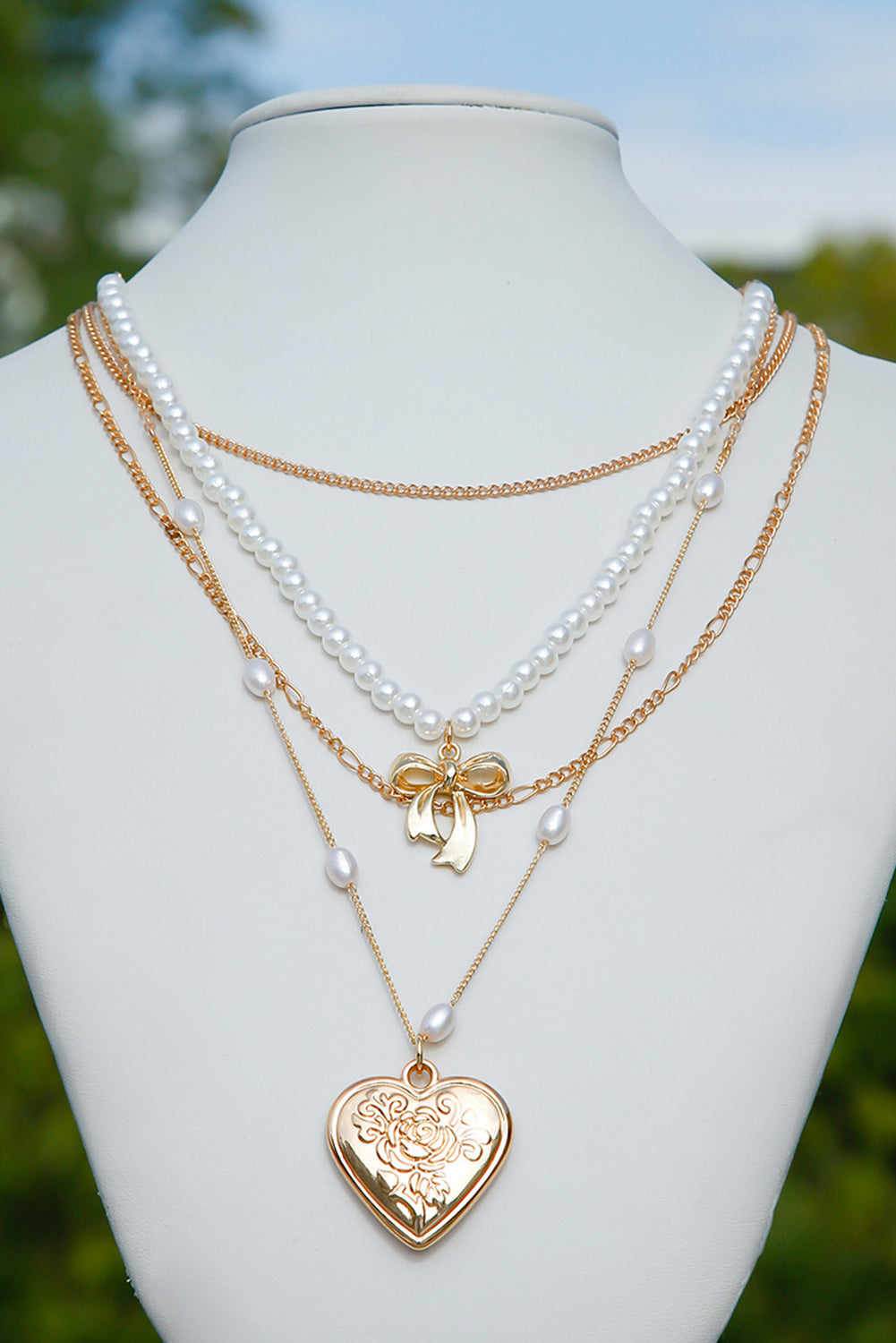 Gold Heart Pendant Pearl Chain Multi Layer Necklace