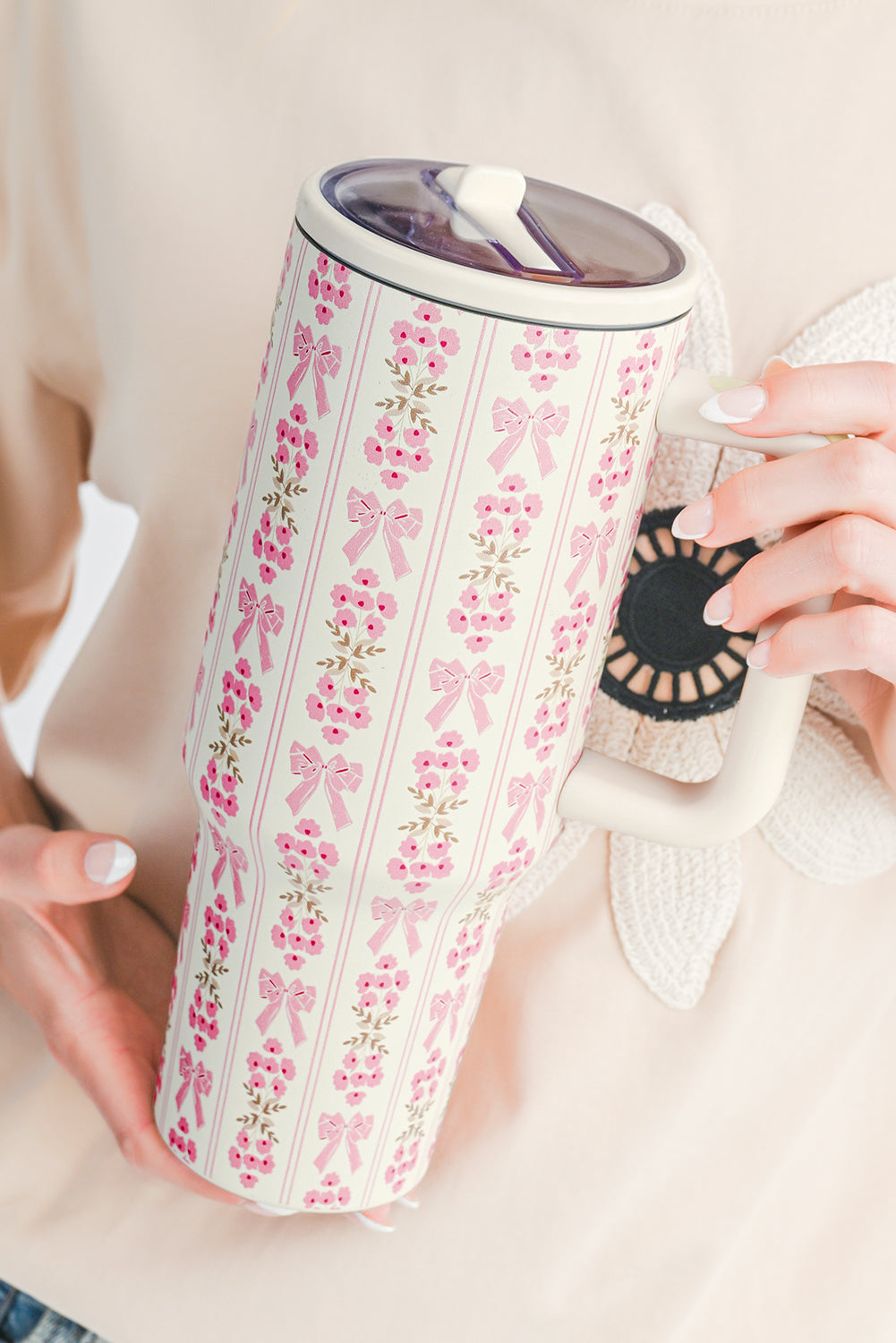 White Bow and Flower Striped 40oz Tumbler Cup