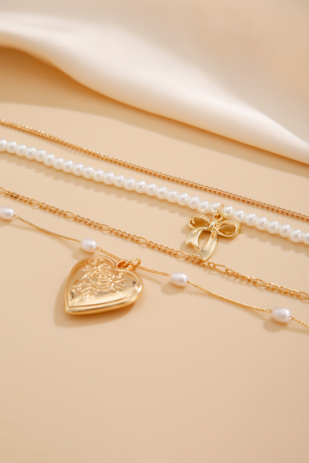 Gold Heart Pendant Pearl Chain Multi Layer Necklace