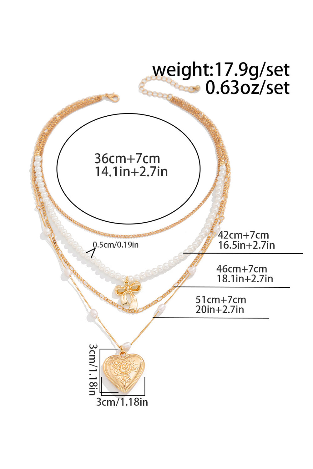 Gold Heart Pendant Pearl Chain Multi Layer Necklace