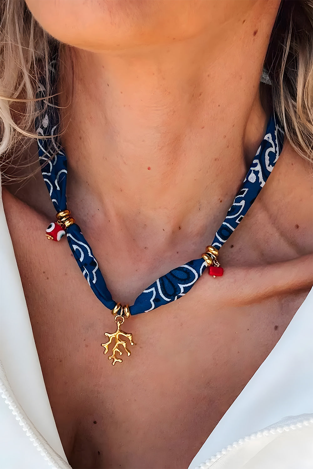 Bluing Boho Print Coral Pendent Scarf Necklace