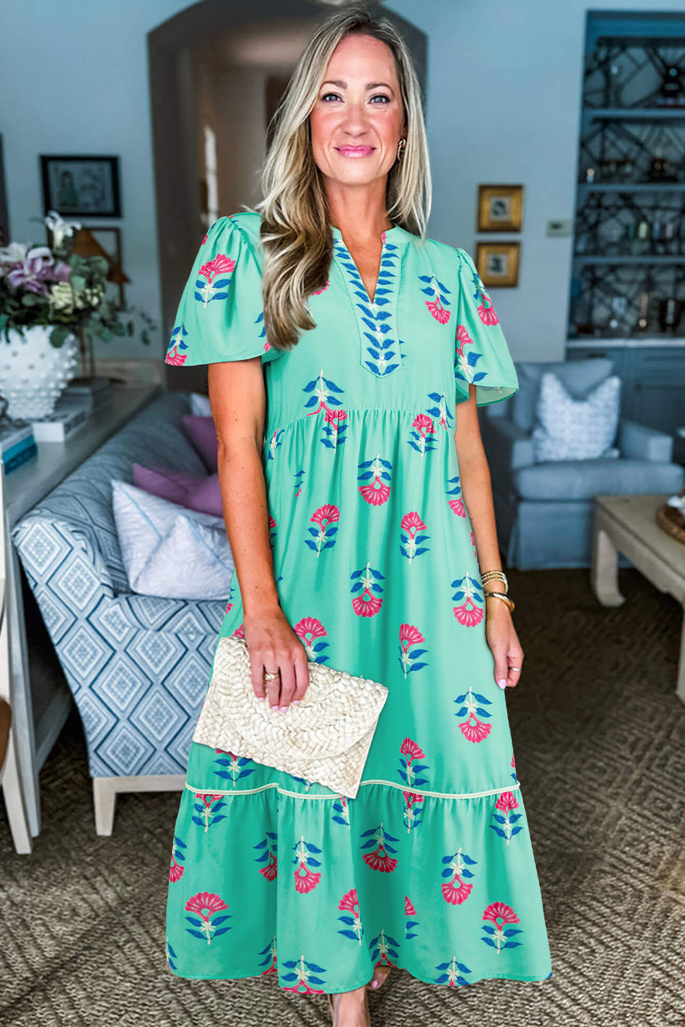 Green Floral Print Notched Neck Flounce Sleeve Midi Dress