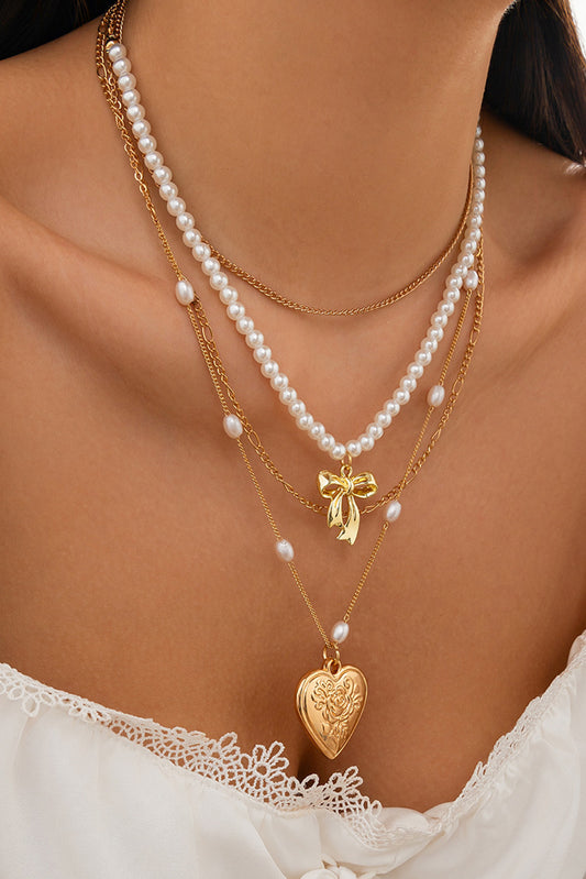 Gold Heart Pendant Pearl Chain Multi Layer Necklace