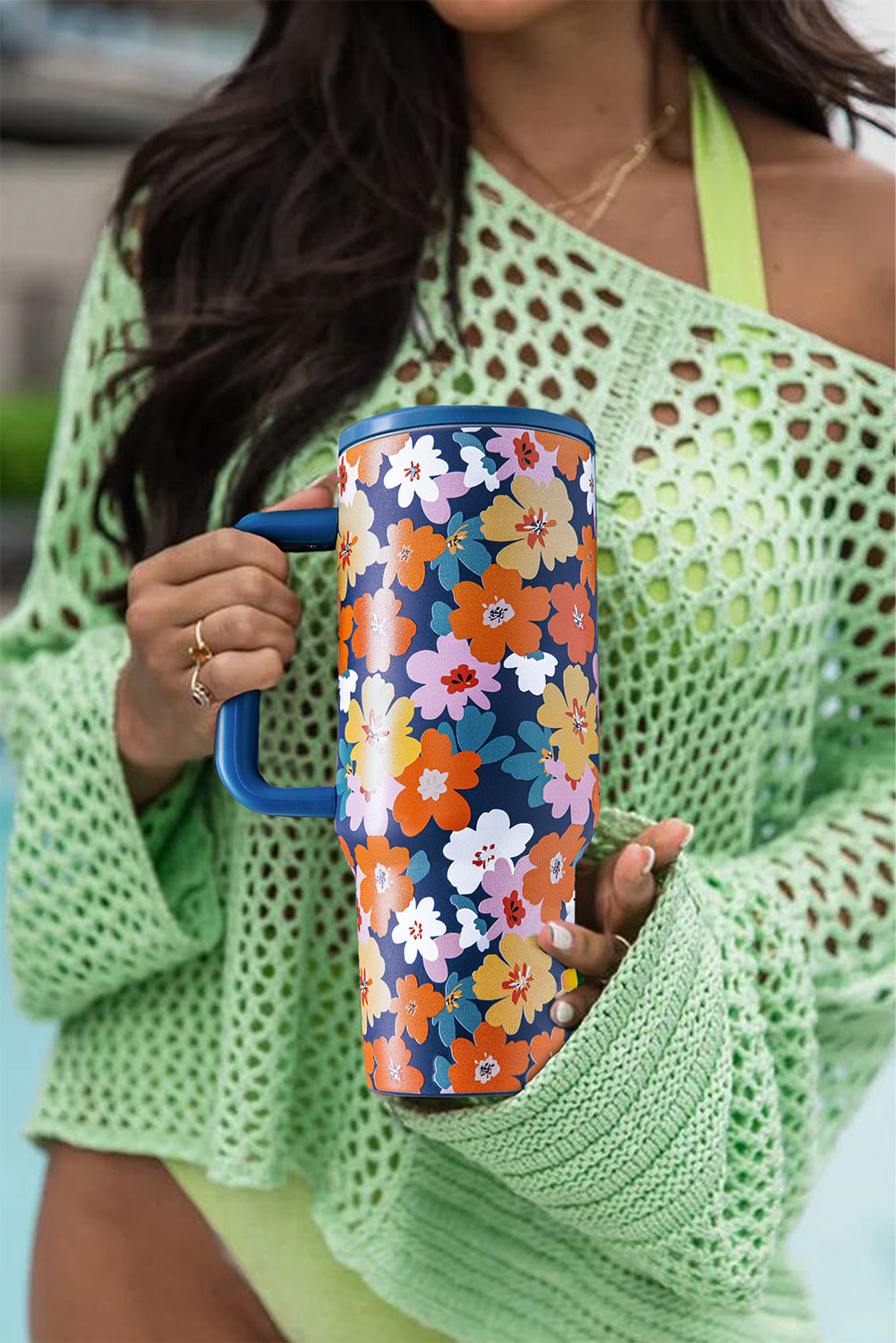 Sky Blue Floral Print Tumbler Cup with Straw