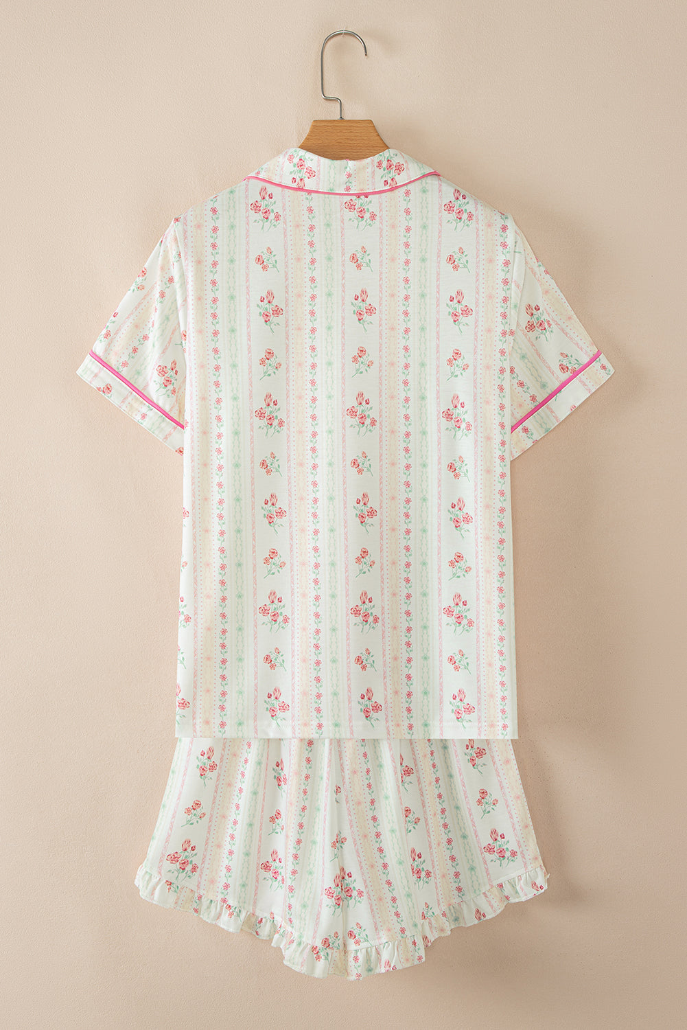 Beige Floral Print Ruffle Hem Shorts Pajama Set