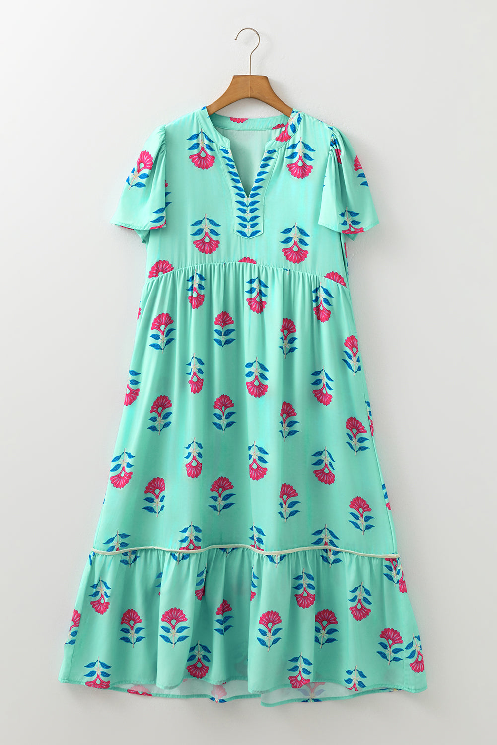 Green Floral Print Notched Neck Flounce Sleeve Midi Dress
